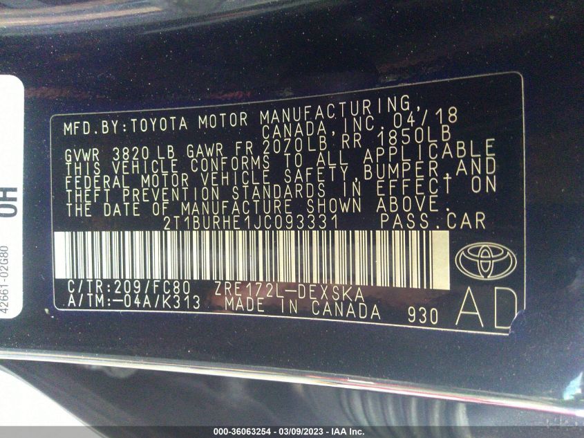 2018 TOYOTA COROLLA L/LE/XLE/SE/XSE - 2T1BURHE1JC093331