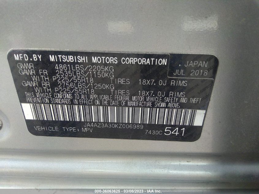 2019 MITSUBISHI OUTLANDER ES/SE/SEL/LE - JA4AZ3A30KZ006989