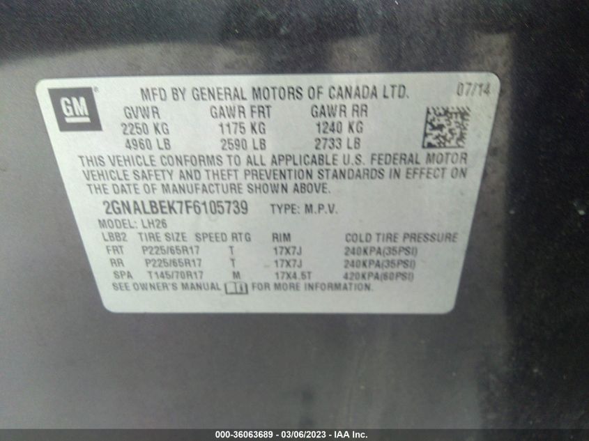 2015 CHEVROLET EQUINOX LT - 2GNALBEK7F6105739