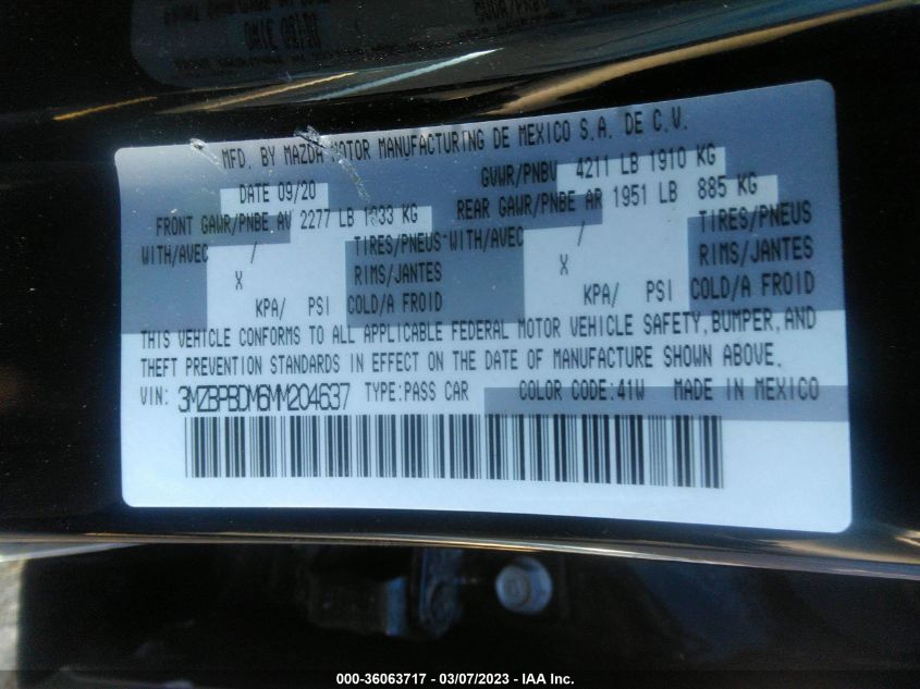 2021 MAZDA MAZDA3 SEDAN PREMIUM 3MZBPBDM6MM204637