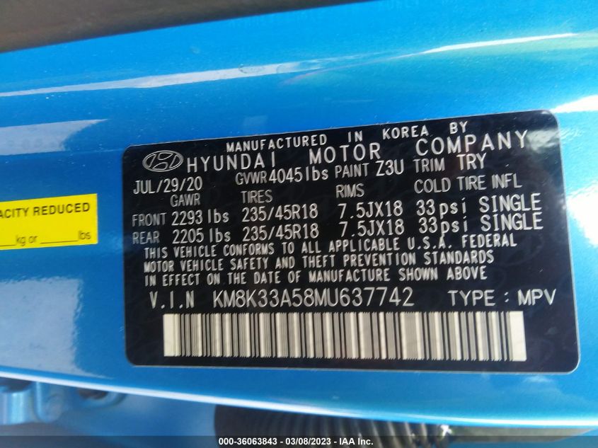 2021 HYUNDAI KONA LIMITED - KM8K33A58MU637742