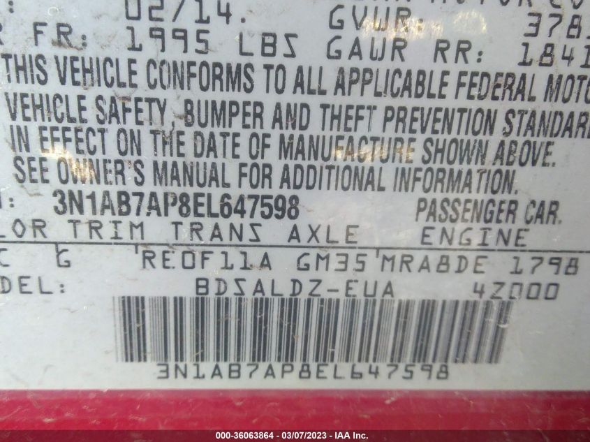 2014 NISSAN SENTRA S/FE+ S/SV/FE+ SV/SR/SL - 3N1AB7AP8EL647598