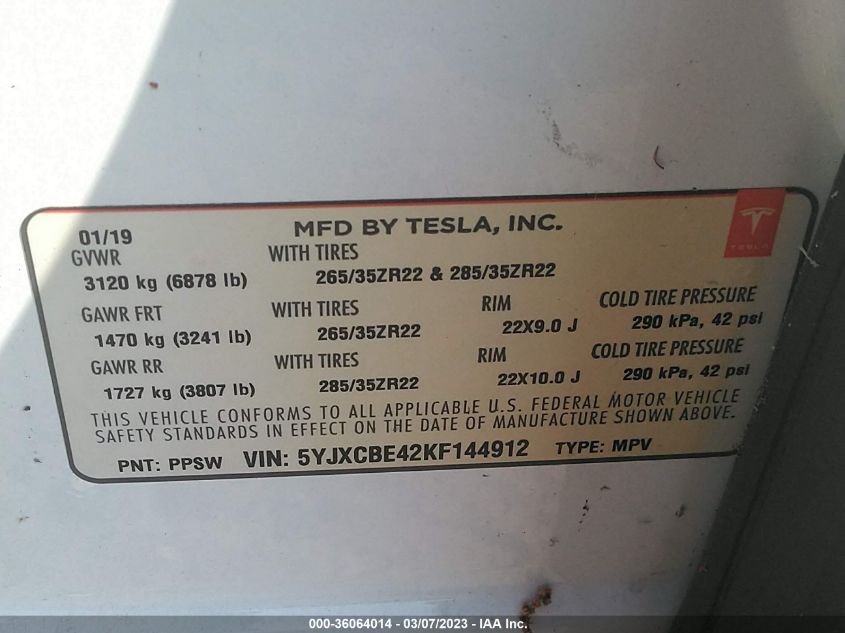 5YJXCBE42KF144912 Tesla Model X  9