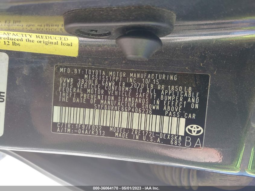 2016 TOYOTA COROLLA L/LE/S/S PLUS/LE PLUS - 5YFBURHE6GP406236
