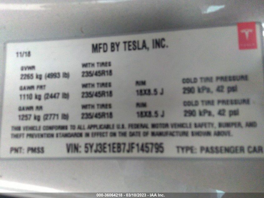 2018 TESLA MODEL 3 LONG RANGE - 5YJ3E1EB7JF145795