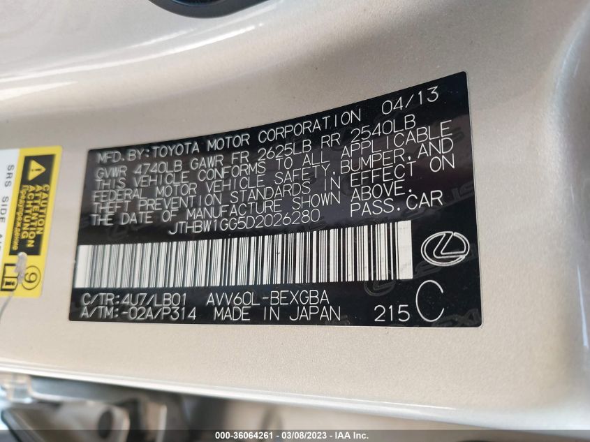 2013 LEXUS ES 300H HYBRID JTHBW1GG5D2026280