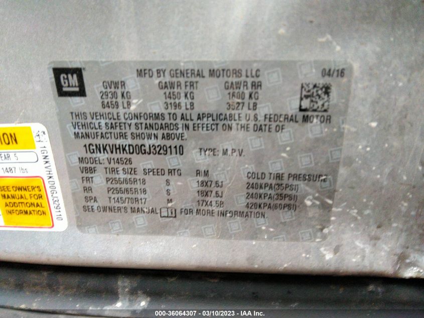 2016 CHEVROLET TRAVERSE LT - 1GNKVHKD0GJ329110