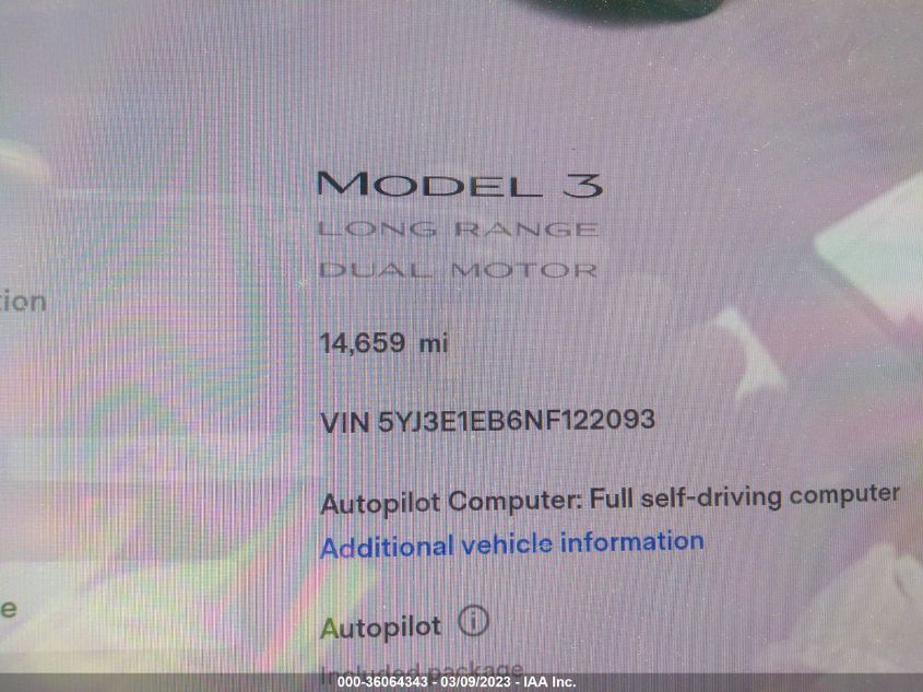 2022 TESLA MODEL 3 LONG RANGE - 5YJ3E1EB6NF122093