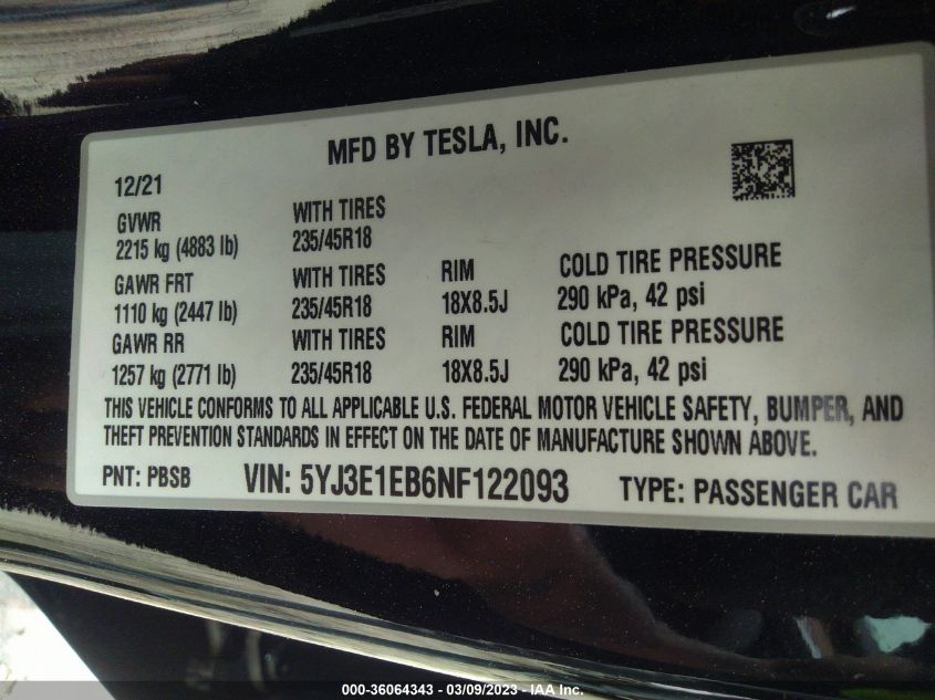 2022 TESLA MODEL 3 LONG RANGE - 5YJ3E1EB6NF122093
