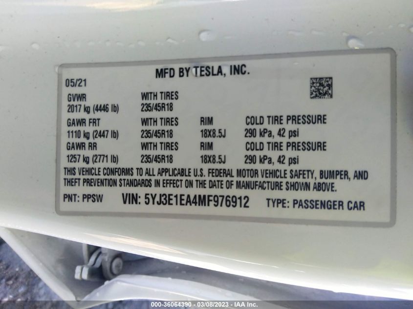 2021 TESLA MODEL 3 STANDARD RANGE PLUS - 5YJ3E1EA4MF976912