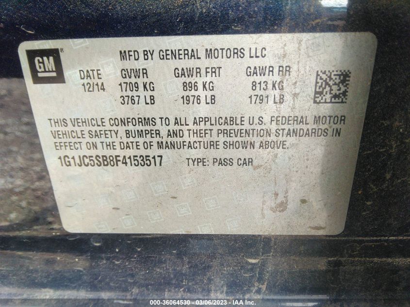 2015 CHEVROLET SONIC LT - 1G1JC5SB8F4153517