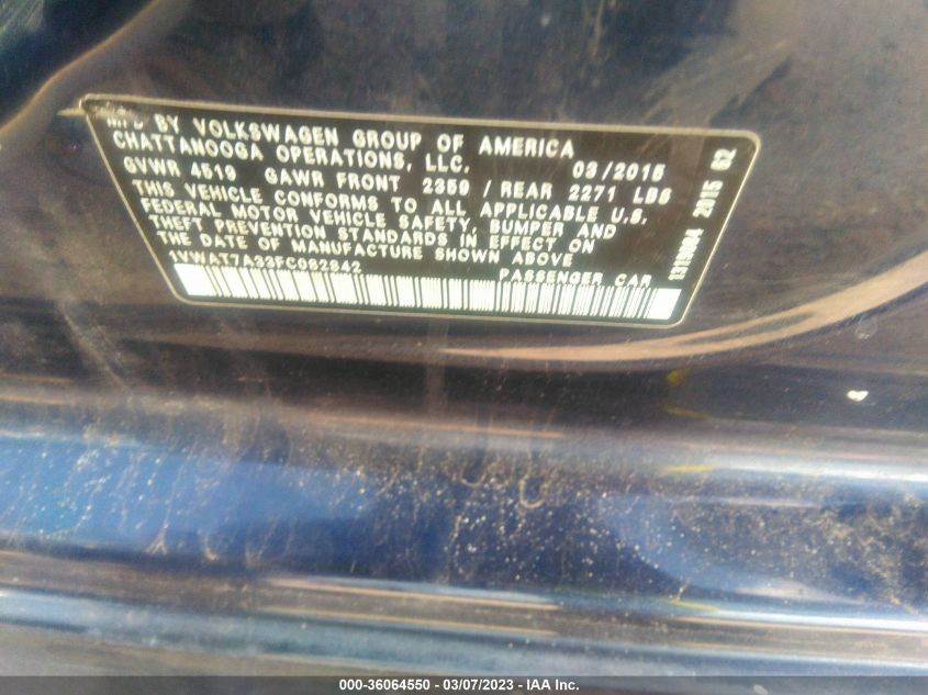 2015 VOLKSWAGEN PASSAT 1.8T WOLFSBURG ED - 1VWAT7A33FC082842