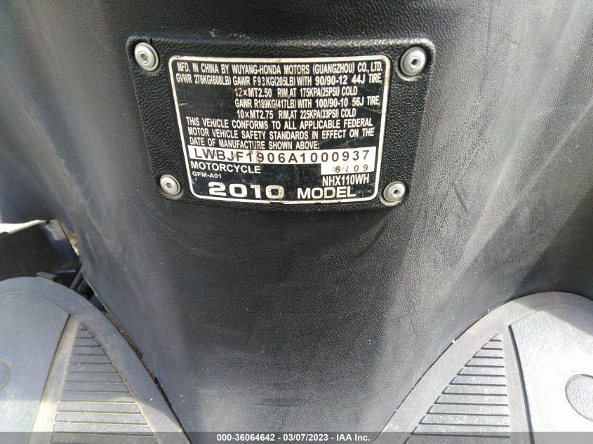 2010 HONDA NHX110 LWBJF1906A1000937