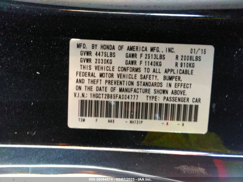2015 HONDA ACCORD COUPE EX-L - 1HGCT2B85FA004777