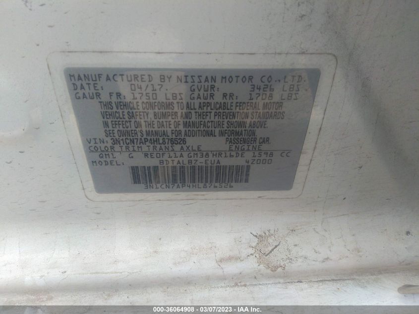 2017 NISSAN VERSA SEDAN SV - 3N1CN7AP4HL876526
