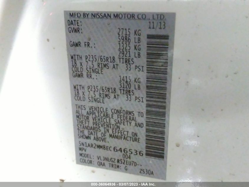 2014 NISSAN PATHFINDER SL - 5N1AR2MM8EC646536