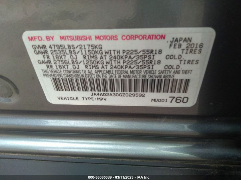 2016 MITSUBISHI OUTLANDER ES - JA4AD2A30GZ029592