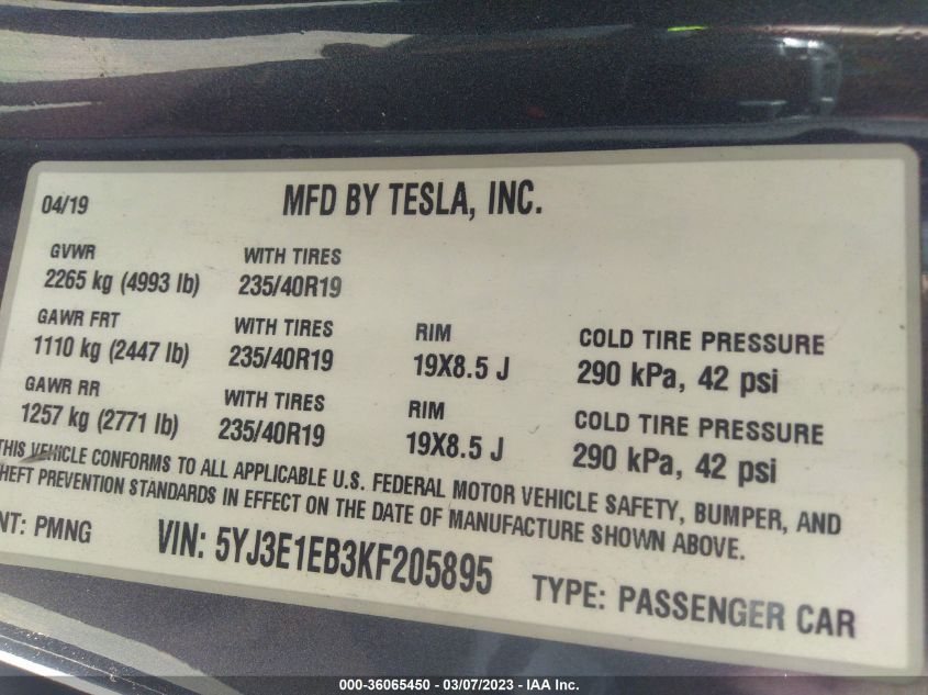 2019 TESLA MODEL 3 LONG RANGE/PERFORMANCE - 5YJ3E1EB3KF205895