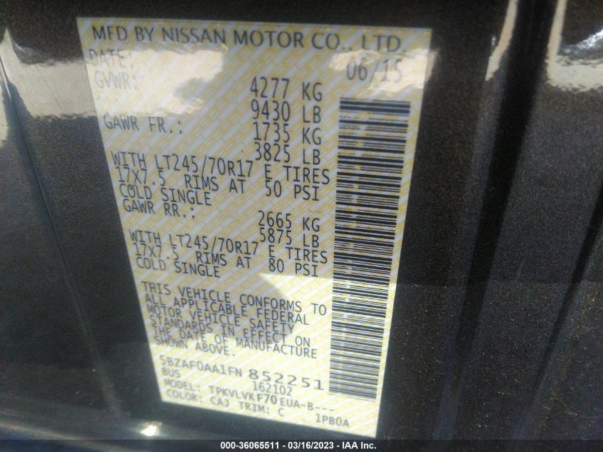 2015 NISSAN NVP SL - 5BZAF0AA1FN852251