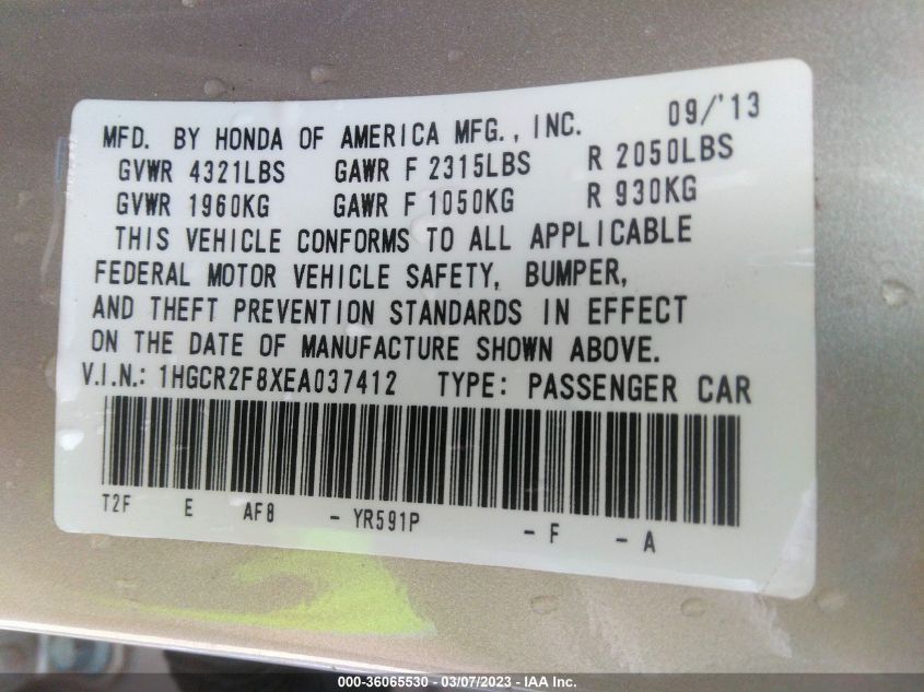 2014 HONDA ACCORD SEDAN EX-L - 1HGCR2F8XEA037412