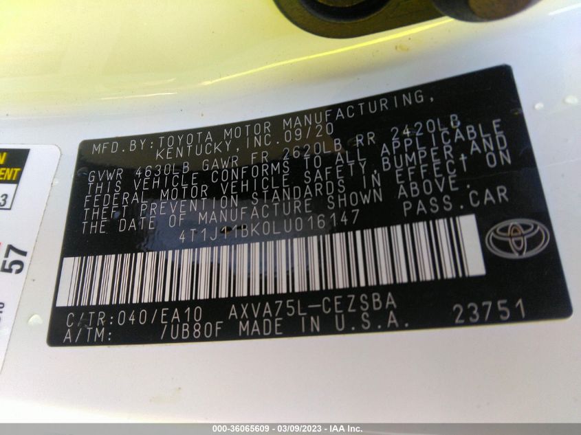2020 TOYOTA CAMRY SE - 4T1J11BK0LU016147
