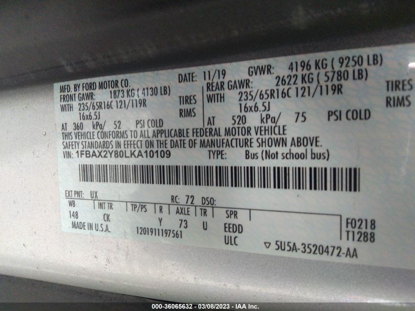 2020 FORD TRANSIT PASSENGER WAGON XL/XLT 1FBAX2Y80LKA10109
