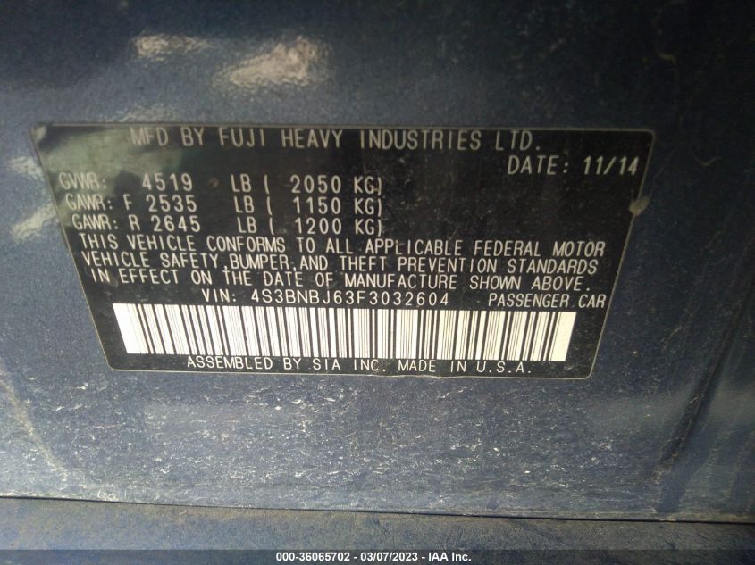 2015 SUBARU LEGACY 2.5I LIMITED - 4S3BNBJ63F3032604