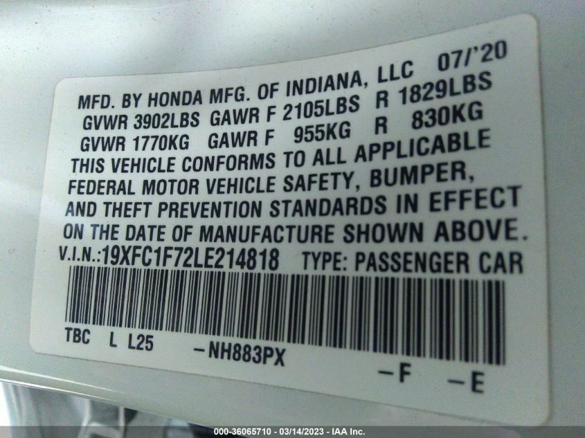 2020 HONDA CIVIC SEDAN EX-L - 19XFC1F72LE214818
