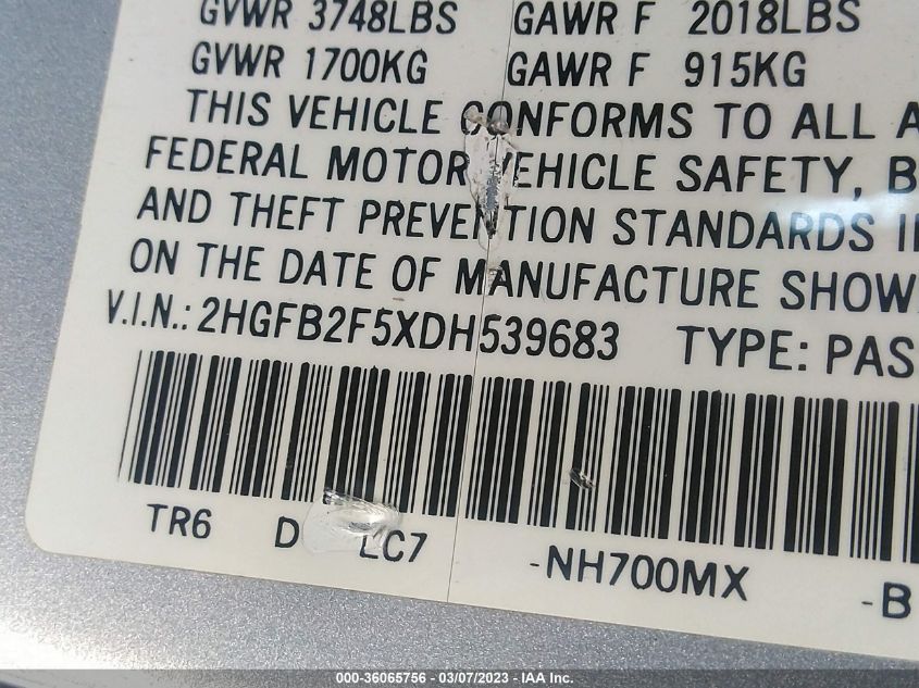2013 HONDA CIVIC SDN LX - 2HGFB2F5XDH539683