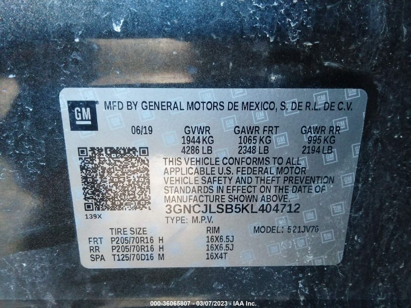 2019 CHEVROLET TRAX LT - 3GNCJLSB5KL404712