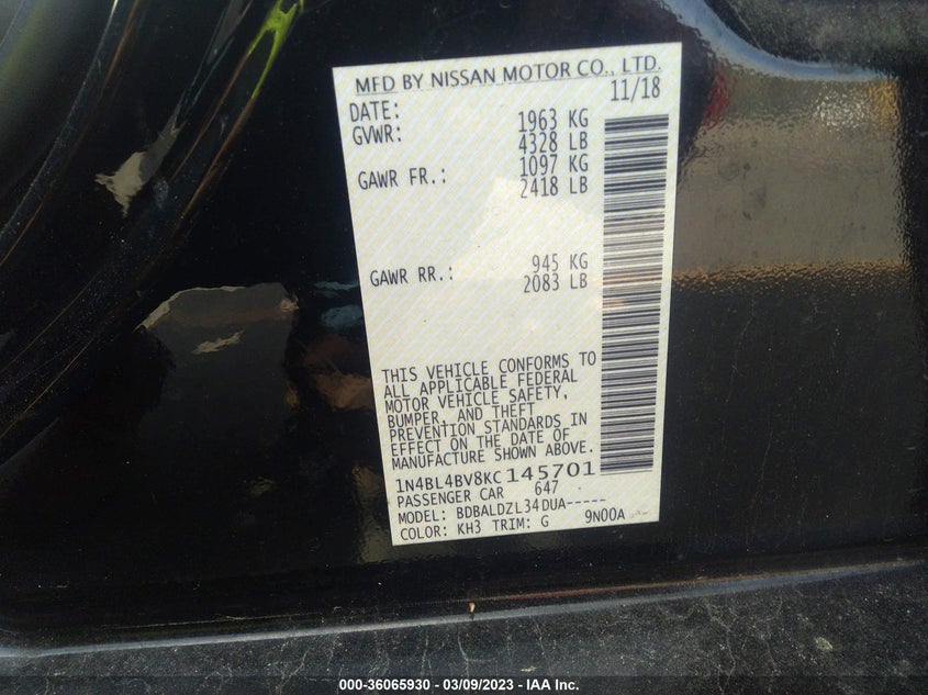 VIN 1N4BL4BV8KC145701 2019 NISSAN ALTIMA 2.5 S