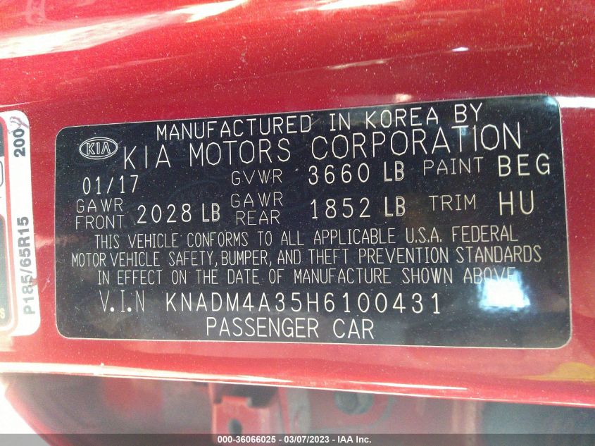 2017 KIA RIO LX - KNADM4A35H6100431