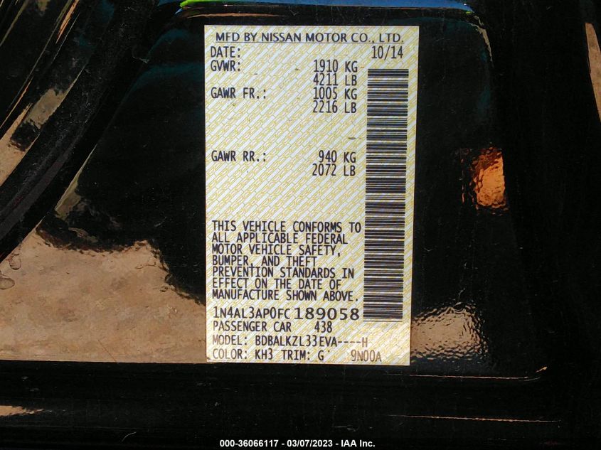 2015 NISSAN ALTIMA 2.5 SV - 1N4AL3AP0FC189058
