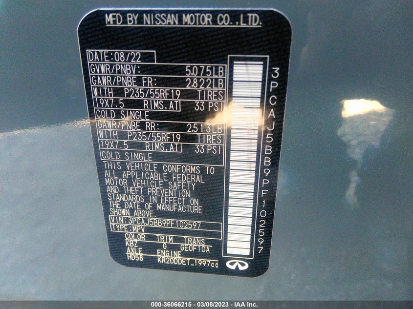VIN 3PCAJ5BB9PF102597 2023 INFINITI QX50 LUXE