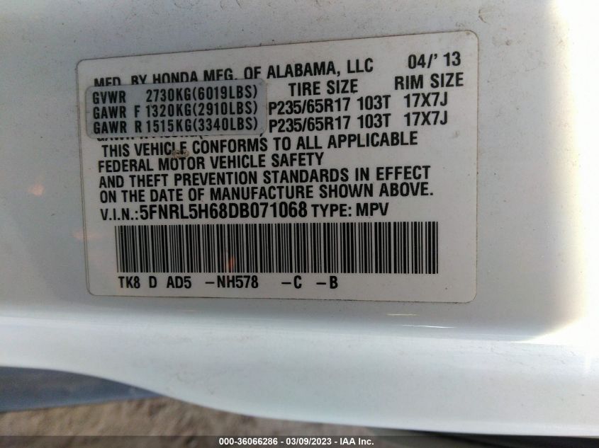 2013 HONDA ODYSSEY EX-L - 5FNRL5H68DB071068