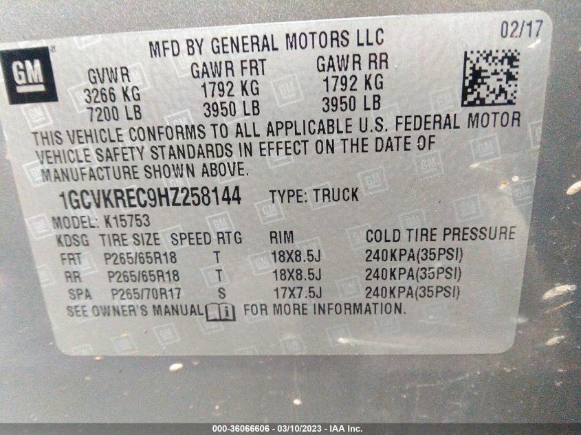 2017 CHEVROLET SILVERADO 1500 LT - 1GCVKREC9HZ258144