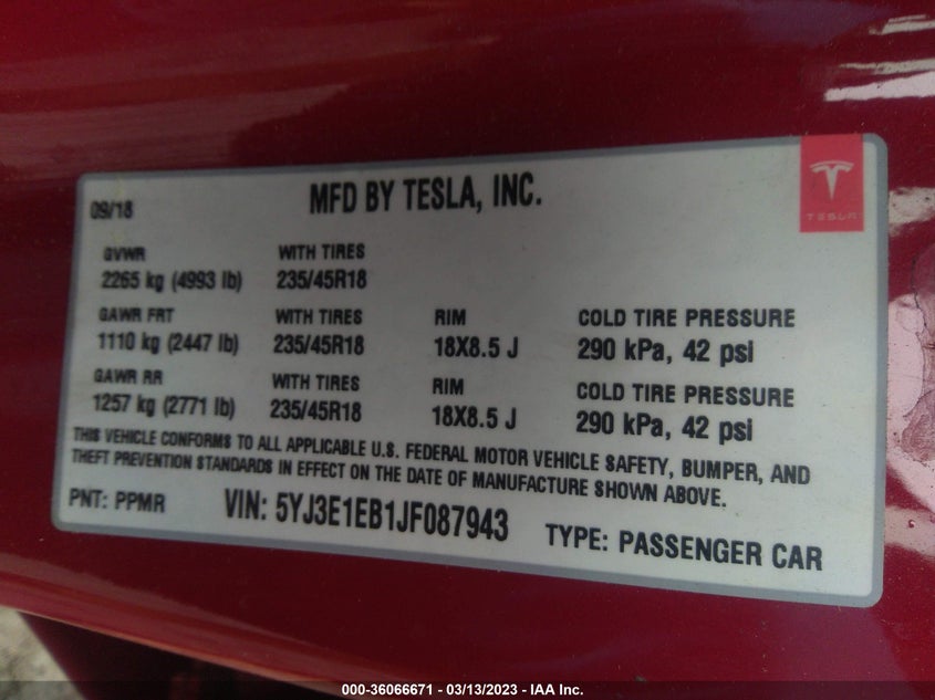VIN 5YJ3E1EB1JF087943 2018 TESLA MODEL 3 LONG RANGE