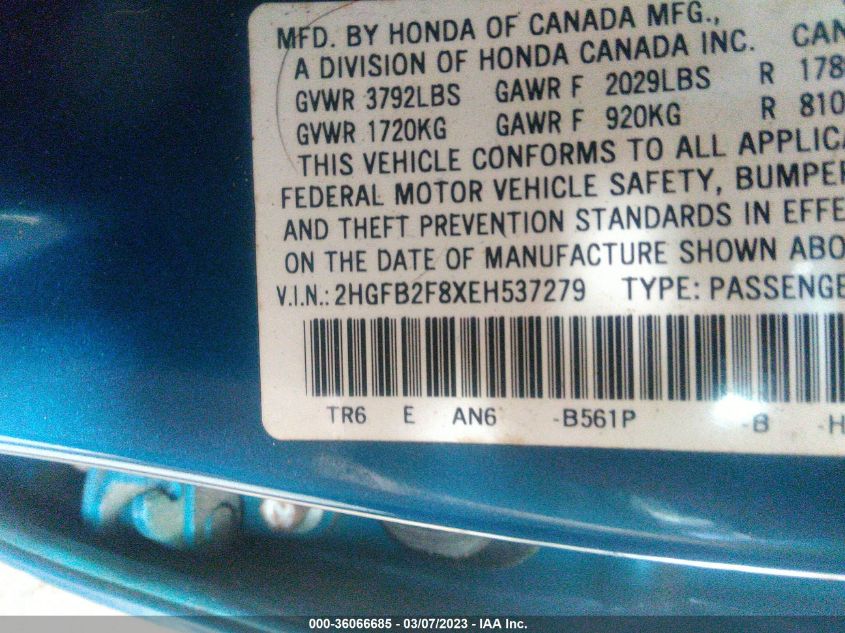 2014 HONDA CIVIC SEDAN EX - 2HGFB2F8XEH537279