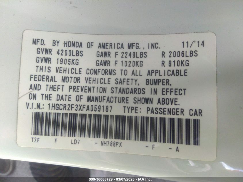 2015 HONDA ACCORD SEDAN LX - 1HGCR2F3XFA059187