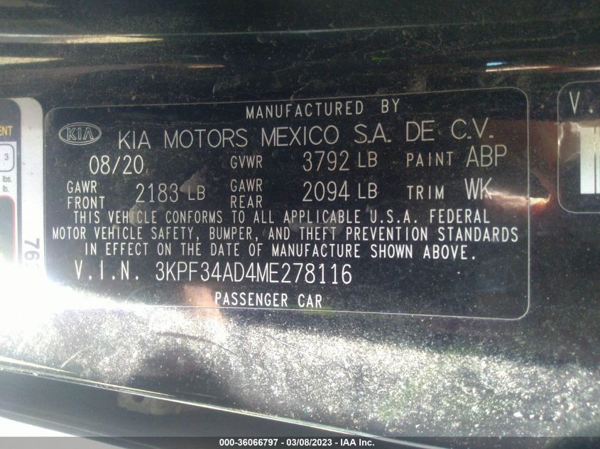 2021 KIA FORTE GT-LINE - 3KPF34AD4ME278116