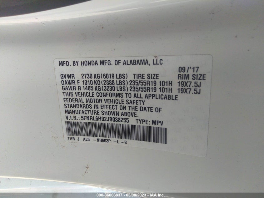 VIN 5FNRL6H92JB038255 2018 HONDA ODYSSEY ELITE