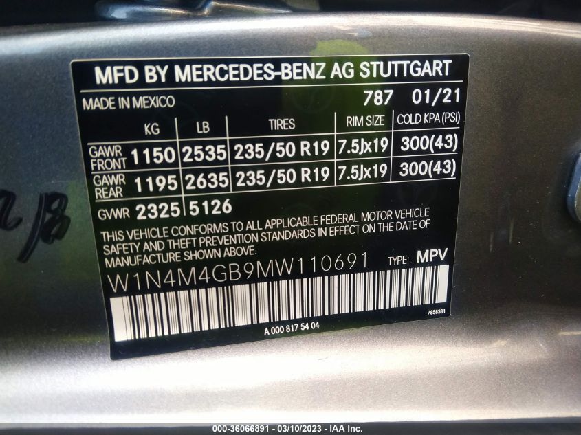 2021 MERCEDES-BENZ GLB GLB 250 W1N4M4GB9MW110691
