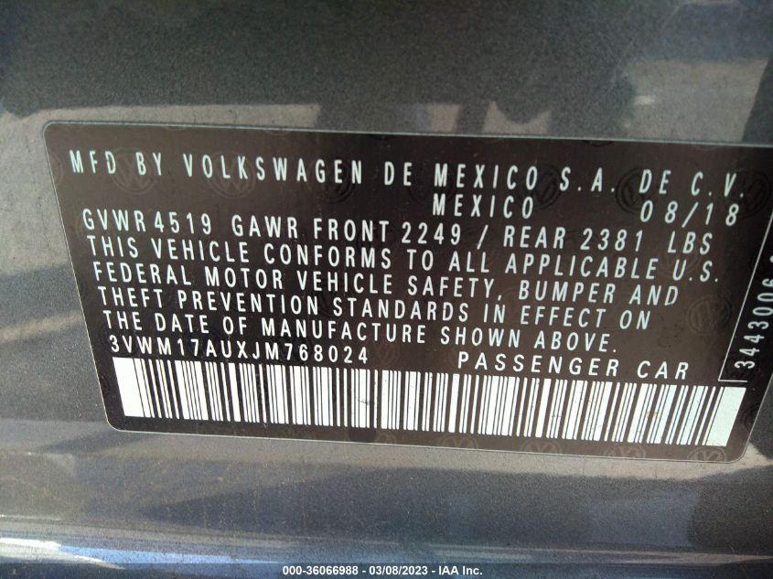 2018 VOLKSWAGEN GOLF ALLTRACK S/SE 3VWM17AUXJM768024