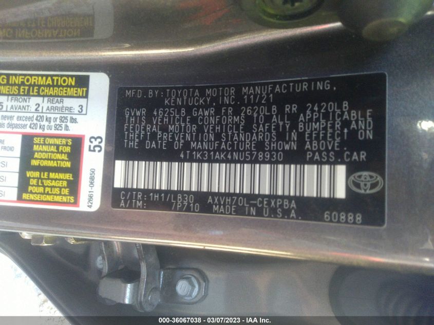 2022 TOYOTA CAMRY HYBRID XSE - 4T1K31AK4NU578930