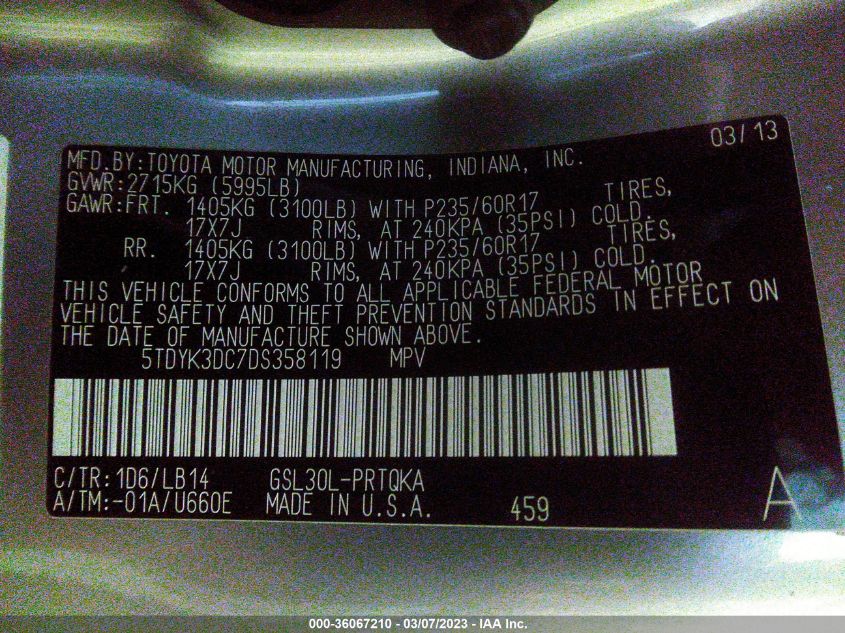 2013 TOYOTA SIENNA XLE AAS/XLE/LTD - 5TDYK3DC7DS358119