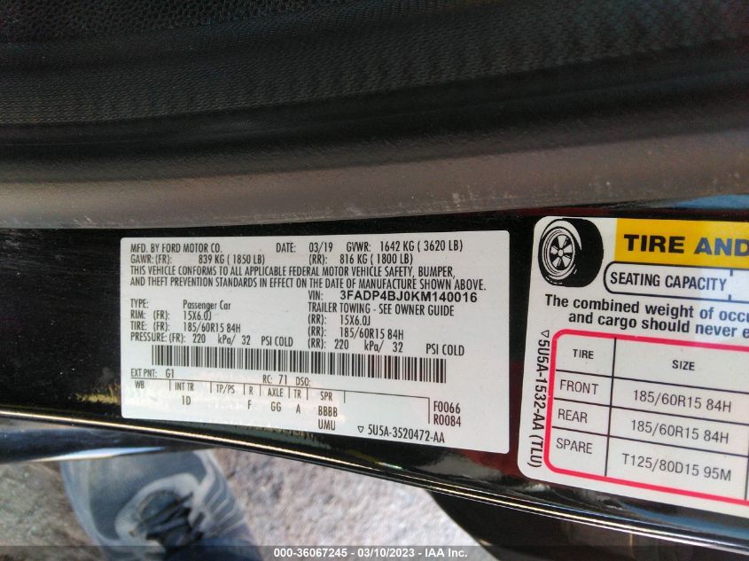 2019 FORD FIESTA SE - 3FADP4BJ0KM140016
