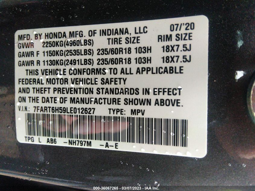 2020 HONDA CR-V HYBRID EX 7FART6H59LE012627