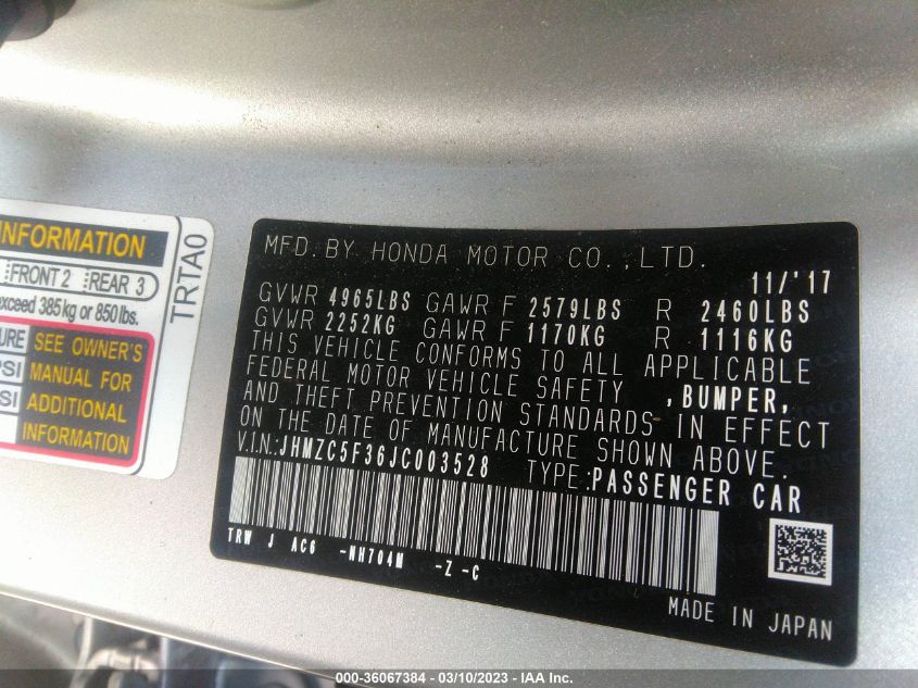 2018 HONDA CLARITY PLUG-IN HYBRID TOURING JHMZC5F36JC003528