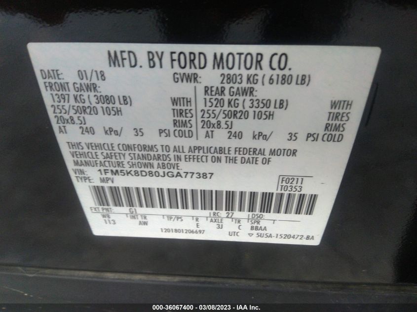 2018 FORD EXPLORER XLT - 1FM5K8D80JGA77387