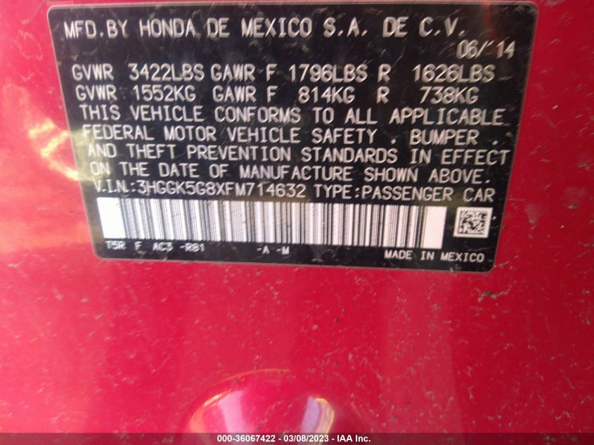 2015 HONDA FIT EX - 3HGGK5G8XFM714632